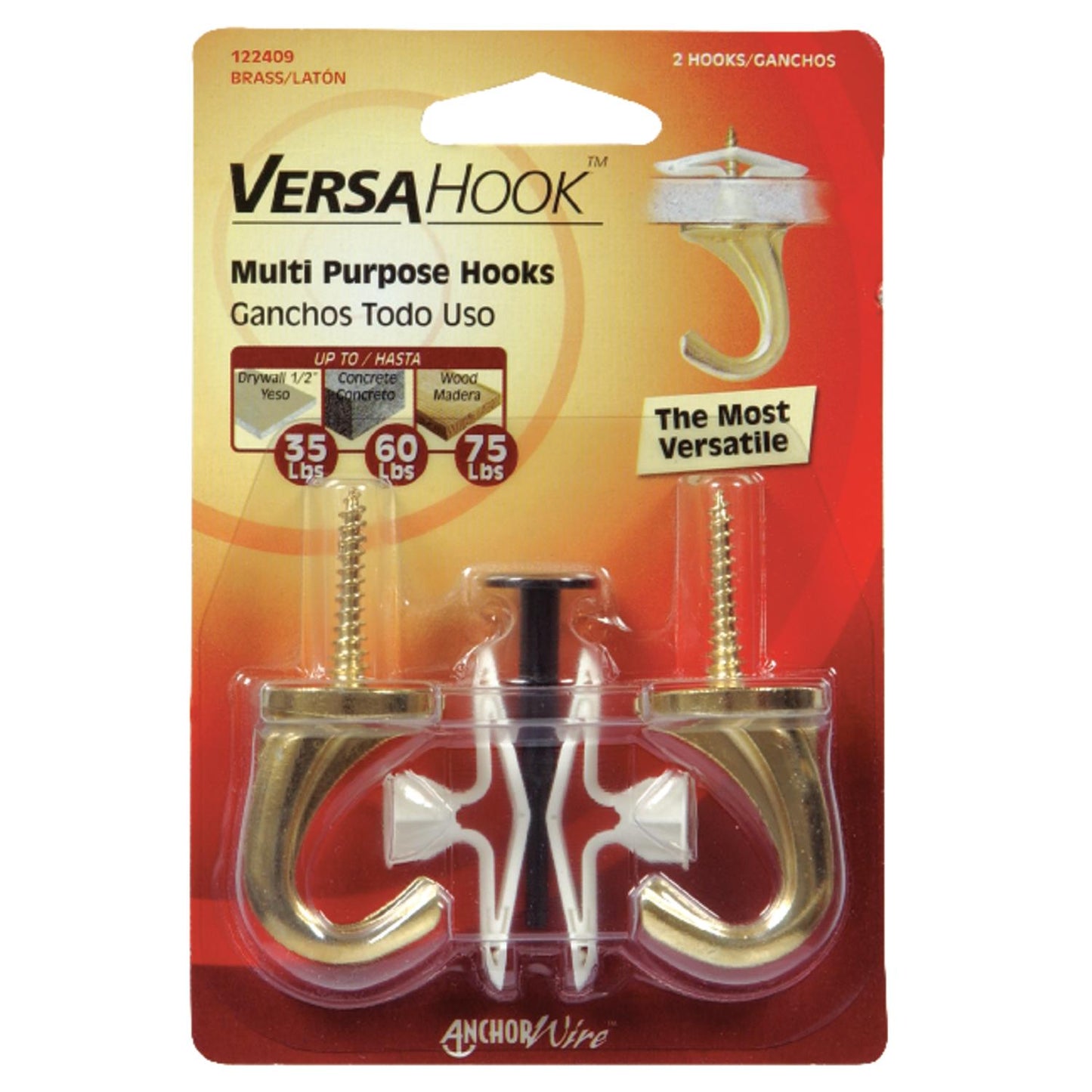 Hillman Brass Small Versa Hook, 75 lb Capacity, 2-Pack