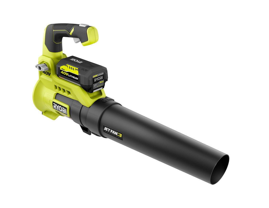 RYOBI 40V Jet Fan Leaf Blower Kit, 110 MPH, 525 CFM with Lawn & Leaf Bag, 4.0 Ah Battery and Charger