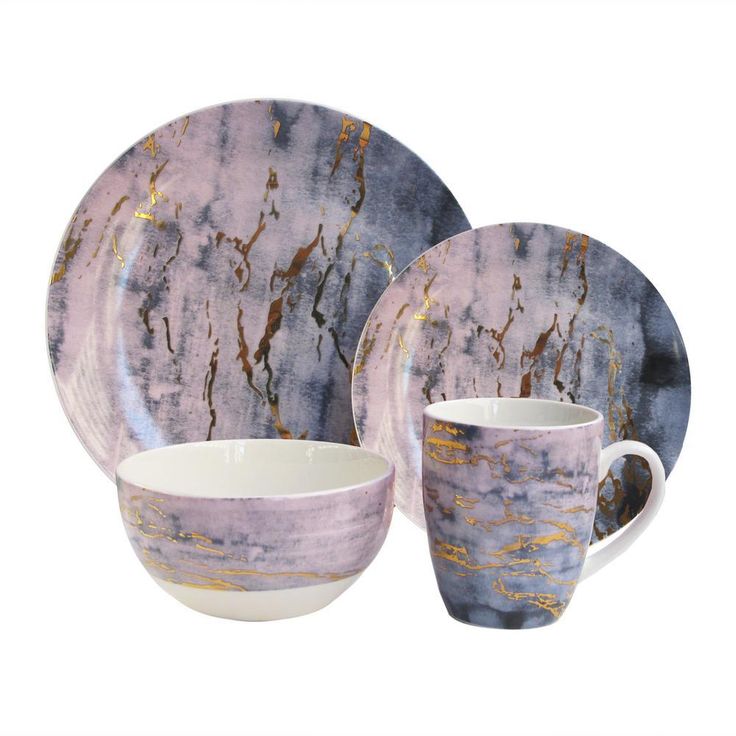 16-Piece Casual Purple and Gold Ceramic Dinnerware Set (Service for 4)