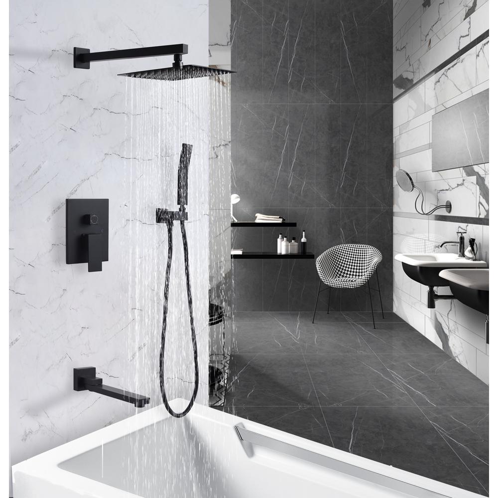 1-Spray Patterns with 2.5 GPM 10 in. 3-Way Wall Mount Rain Dual Shower Heads with Tub Shower Faucet in Matte Black - Super Arbor