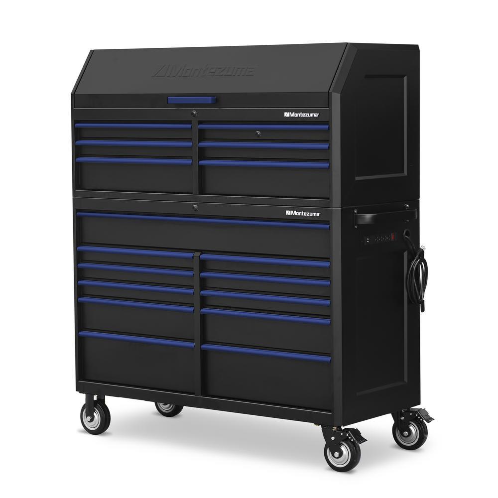 24 in. x 56 in. 17-Drawer Tool Chest and Cabinet Combo with Power and USB Outlets in Black and Blue - Super Arbor