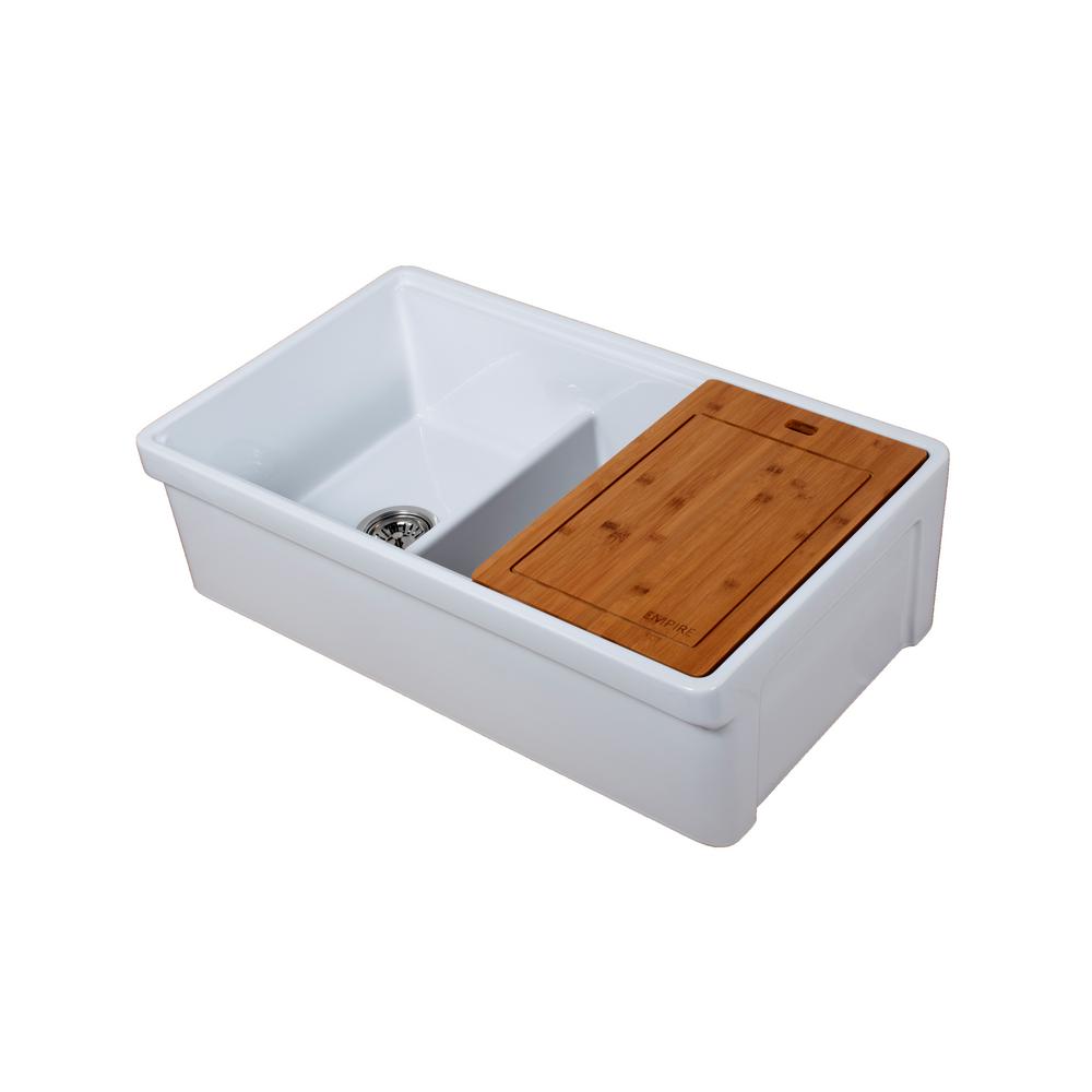 Tosca Farmhouse Fireclay 33 in. 60/40 Double Bowl Kitchen Sink in White with Cutting-Board, Bottom Grid and Strainer - Super Arbor