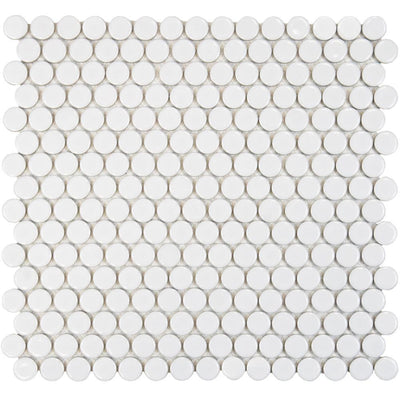 Merola Tile Hudson Penny Round Glossy White 12 in. x 12-5/8 in. x 5 mm Porcelain Mosaic Tile (10.74 sq. ft. / case)