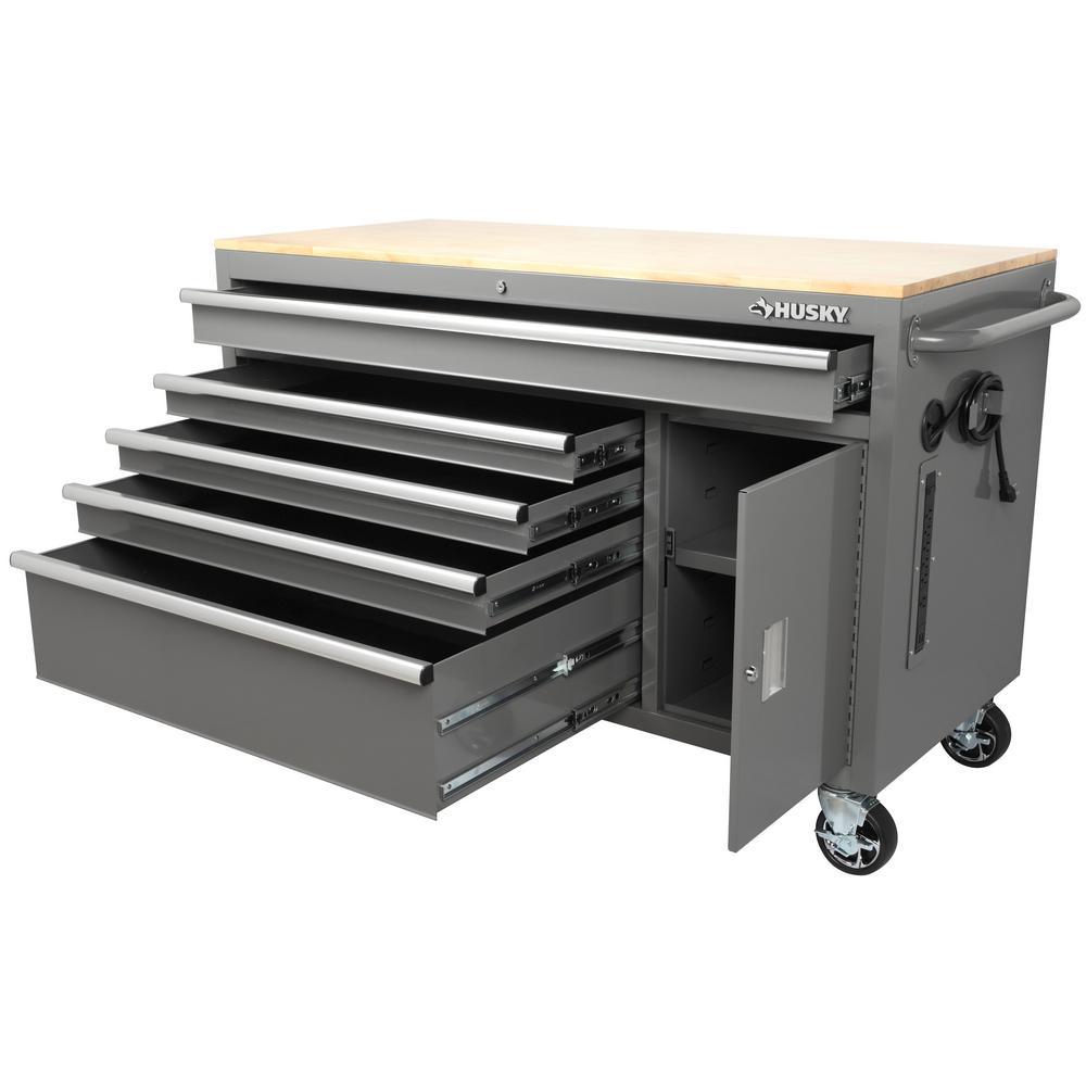 56 in. W 5-Drawer 1-Door, Deep Tool Chest Mobile Workbench in Gloss Gray with Hardwood Top