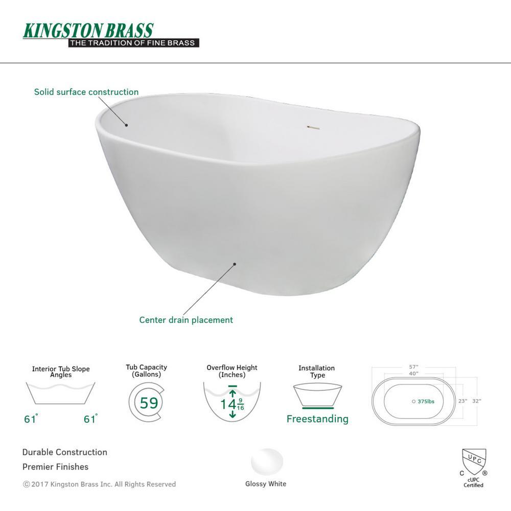 Collete 56.3 in. Solid Surface Flatbottom Freestanding Bathtub in White - Super Arbor