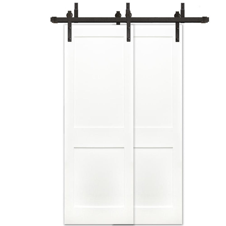 48in.x80in. Bypass Shaker Unfinished 2-Panel Solid Core Prime Pine Wood Sliding Barn Door with Bronze Hardware Kit - Super Arbor
