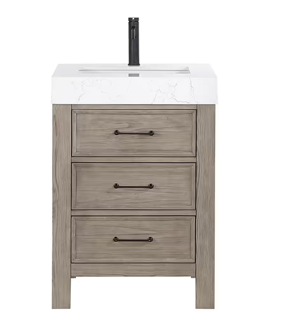 León 24 in.W x 22 in.D x 34 in.H Single Sink Bath Vanity in Fir Wood Grey with White Composite Stone Top