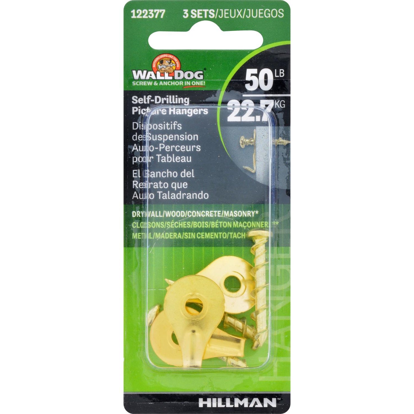 Hillman Wall Dog Brass-Plated Gold Self-Drilling Picture Hangers, 50 lb, 3-Pack