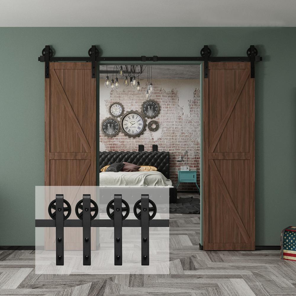 8 ft./96 in. Black Steel Sliding Barn Door Track and Hardware Kit for Double Doors with Floor GuideBigwheel J Shape) - Super Arbor