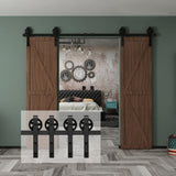 8 ft./96 in. Black Steel Sliding Barn Door Track and Hardware Kit for Double Doors with Floor GuideBigwheel J Shape) - Super Arbor