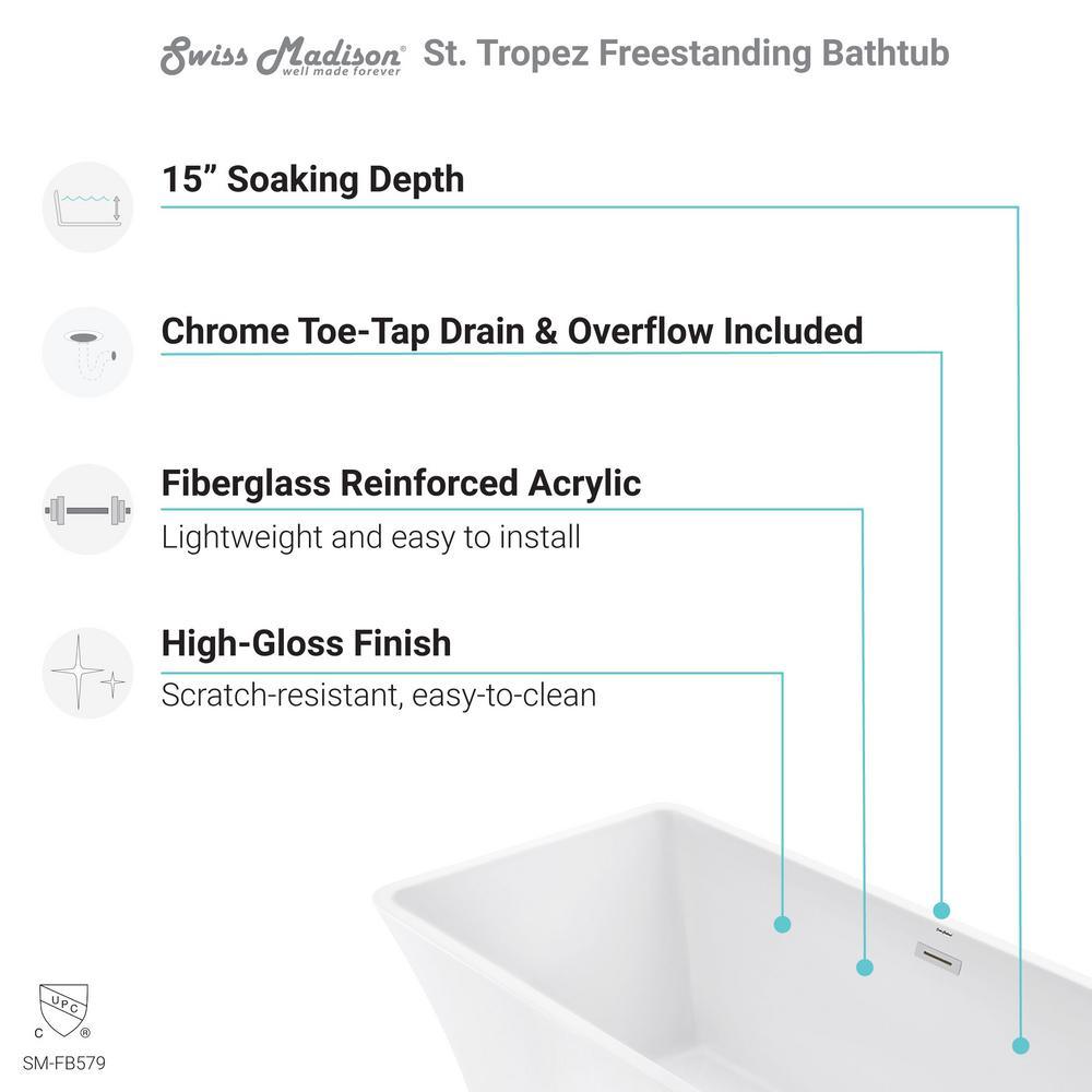St Tropez 67 in. Acrylic FlatBottom Non-Whirlpool Freestanding Rectangular Soaking Bathtub in White - Super Arbor