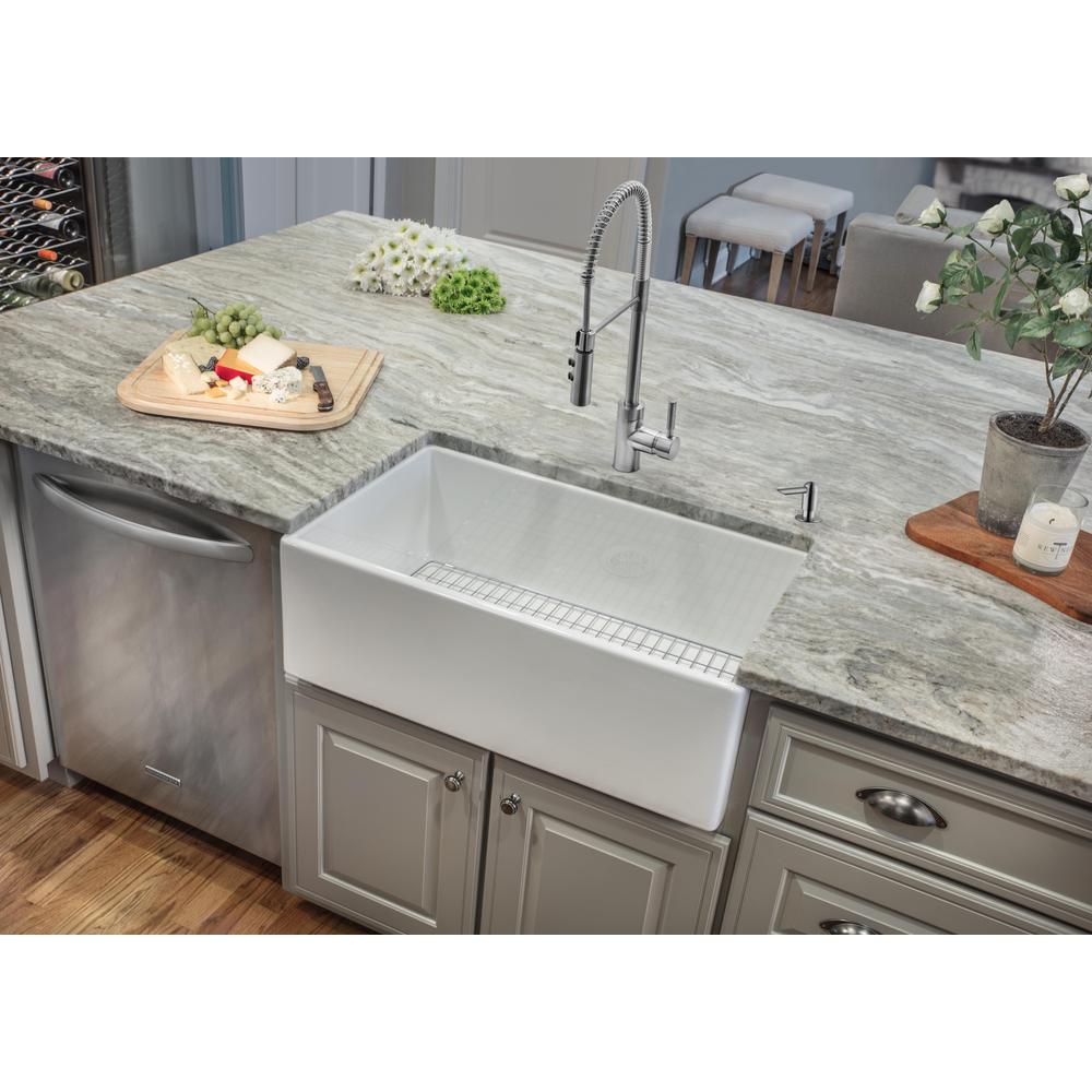 Farmhouse Apron Front Fireclay 33 in. Single Bowl Kitchen Sink in White with Grid and Strainer - Super Arbor