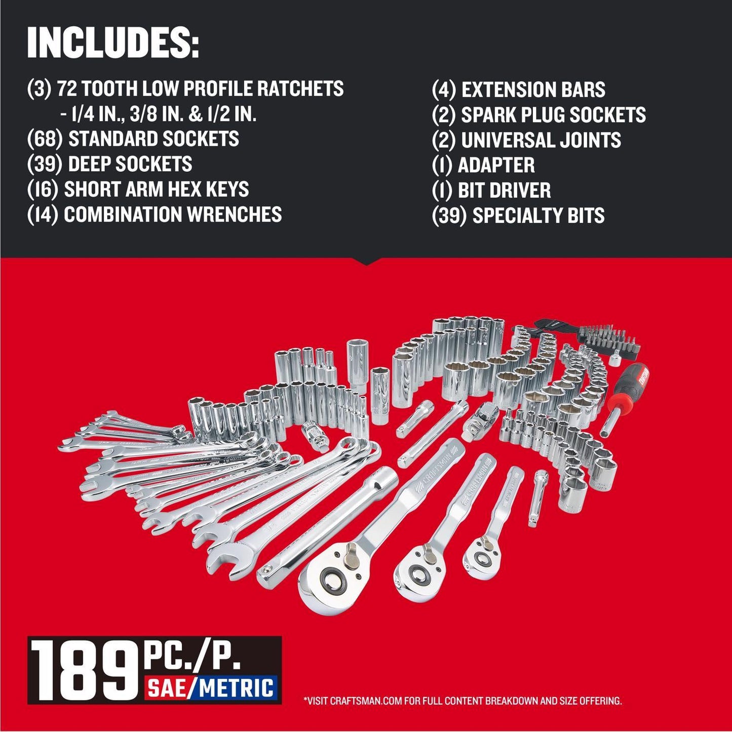 Craftsman 189-Piece Mechanic's Tool Set with Metric and SAE Sockets