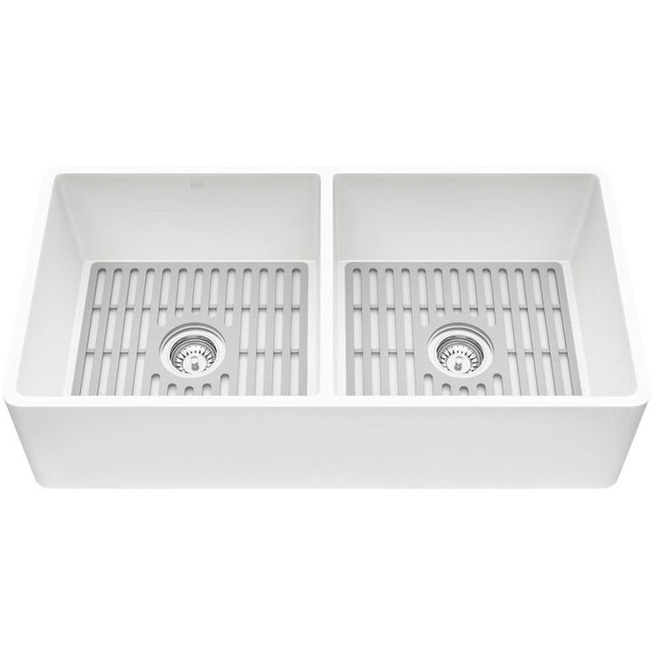 Matte Stone White Composite 36 in. Double Bowl Flat Farmhouse Apron-Front Kitchen Sink with Strainers and Silicone Grids