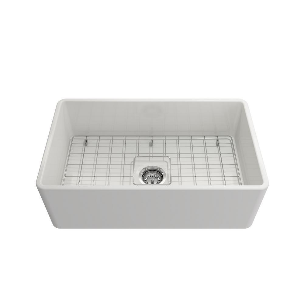 Classico Farmhouse Apron Front Fireclay 30 in. Single Bowl Kitchen Sink with Bottom Grid and Strainer in White - Super Arbor