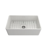 Classico Farmhouse Apron Front Fireclay 30 in. Single Bowl Kitchen Sink with Bottom Grid and Strainer in White - Super Arbor
