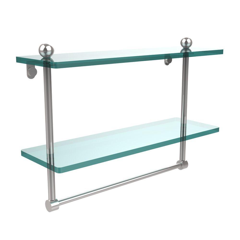 16 in. L  x 12 in. H  x 5 in. W 2-Tier Clear Glass Bathroom Shelf with Towel Bar in Satin Nickel - Super Arbor