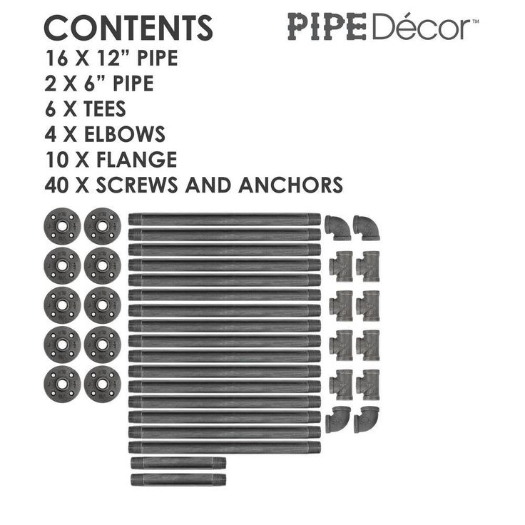1/2 in. Black Pipe 11.75 in. D x 48.5 in. H Wall Mounted 4-Tier Shelf Kit