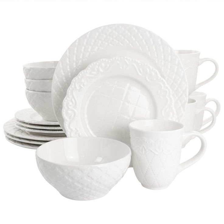 Quilted Eyelet 16 Piece Round Fine Ceramic Dinnerware Set in White