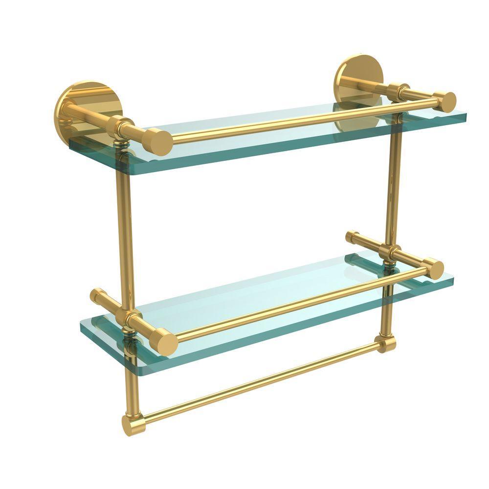 16 in. L  x 12 in. H  x 5 in. W 2-Tier Gallery Clear Glass Bathroom Shelf with Towel Bar in Matte Black - Super Arbor
