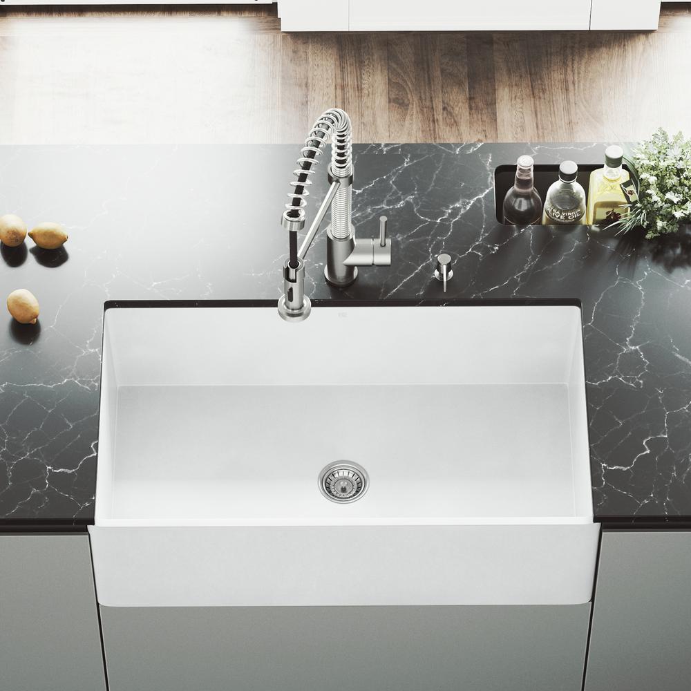 Matte Stone White Composite 33 in. Single Bowl Reversible Flat Farmhouse Apron-Front Kitchen Sink with Strainer - Super Arbor