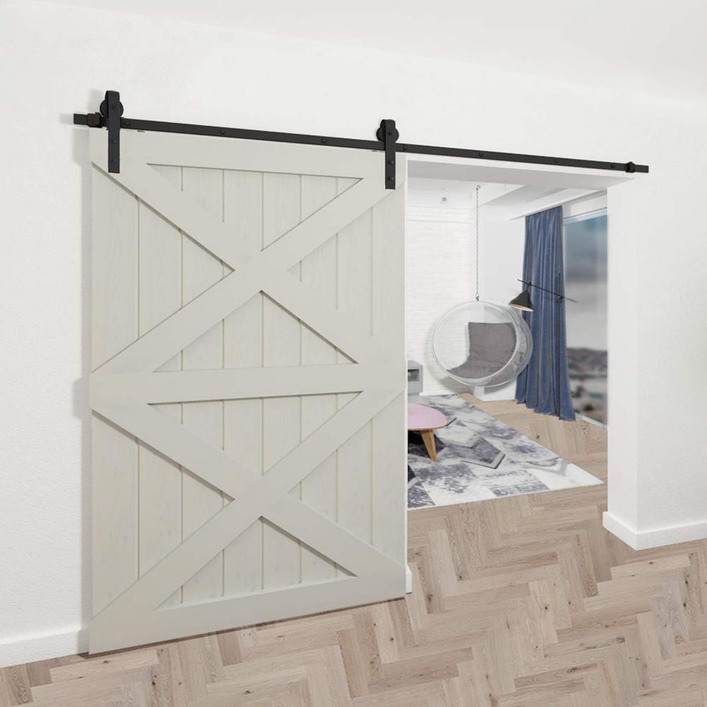 10 ft./120 in. Black Bent Strap Sliding Barn Door Track and Hardware Kit for Single Door with Floor Guide - Super Arbor