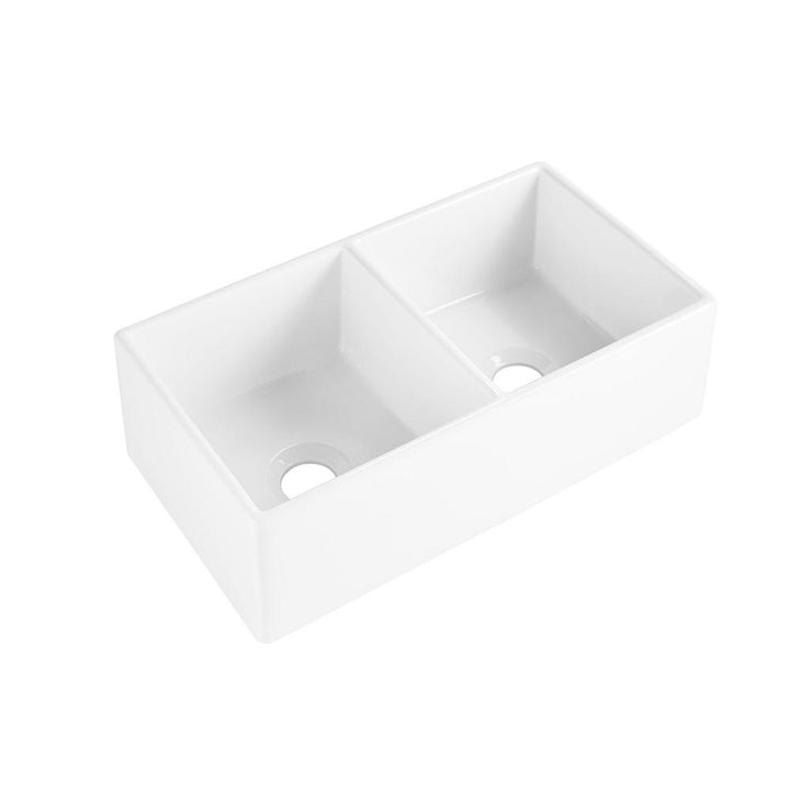 Brooks II Farmhouse/Apron-Front Fireclay 33 in. 50/50 Double Bowl Kitchen Sink in Crisp White - Super Arbor