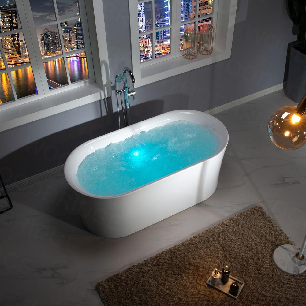 Tion 59 in. Acrylic Freestanding Double Ended Air Bath Bathtub with Drain and Overflow Included in White - Super Arbor