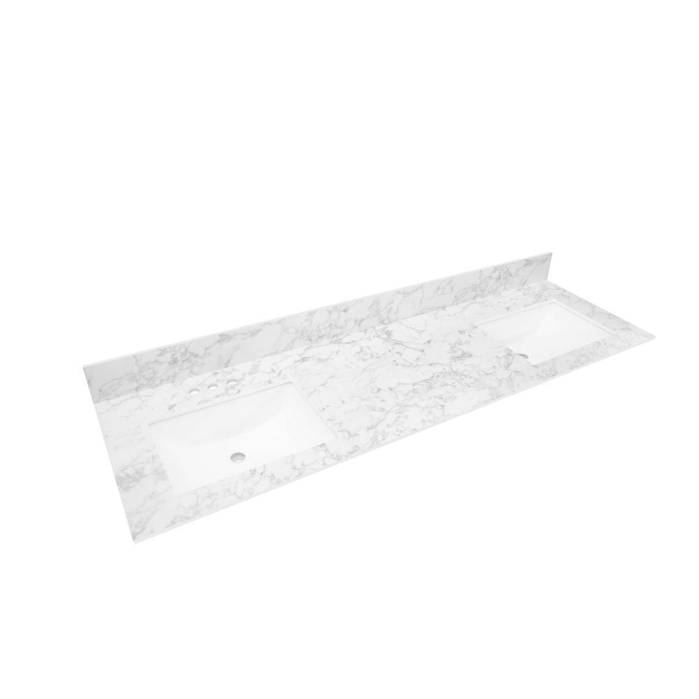 73 in. W x 22 in. Vanity Top in Volakas Marble with Double White Sinks and 4 in. Faucet Spread - Super Arbor