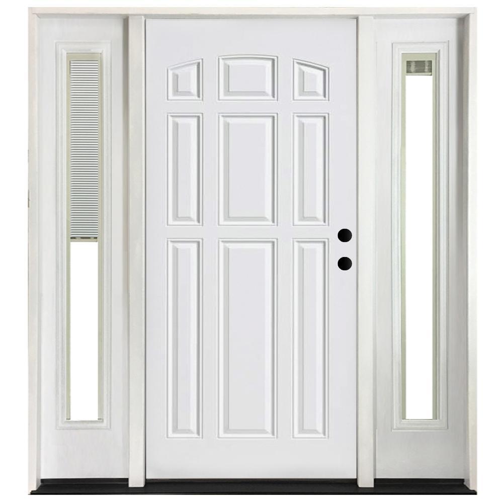 68 in. x 80 in. 9 Panel Primed White Right-Hand Steel Prehung Front Door with 14 in. Mini Blind Sidelites 6 in. Wall - Super Arbor