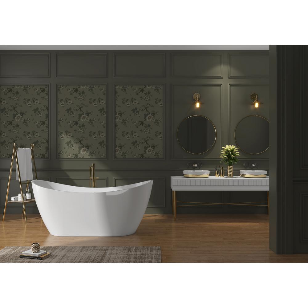 59 in. Acrylic Center Drain Oval Double Slipper Flatbottom Freestanding Bathtub in Glossy White - Super Arbor