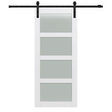 42 in. x 84 in. Shaker 4-Lite Frosted Glass Primed MDF Sliding Barn Door with Bent Strap Hardware Kit - Super Arbor