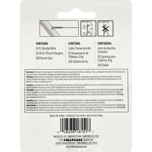 Hillman AnchorWire Steel-Plated Conventional Picture Hanging Set, 20 lb Capacity, 5-Pack