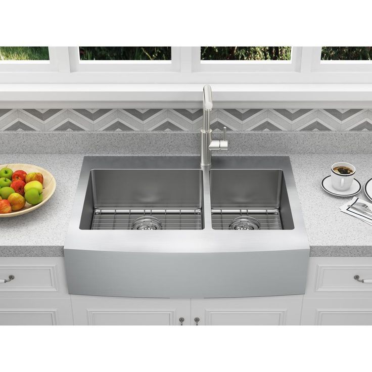 Brimley Retrofit Dual Mount Stainless Steel 33 in. 1-Hole 60/40 Double Bowl Curved Farmhouse Apron Front Kitchen Sink
