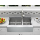 Brimley Retrofit Dual Mount Stainless Steel 33 in. 1-Hole 60/40 Double Bowl Curved Farmhouse Apron Front Kitchen Sink