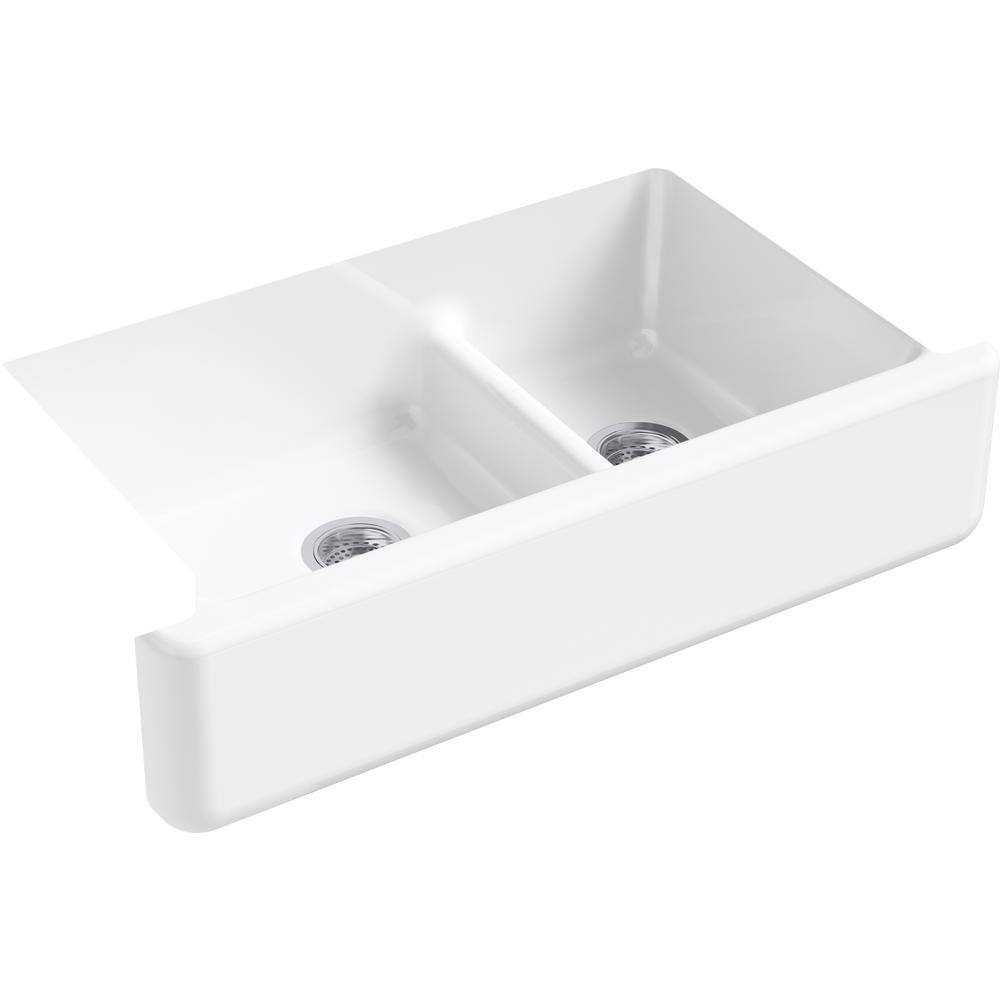 Whitehaven SmartDivide Undermount Farmhouse Tall Apron Front 36 in. Double Bowl Kitchen Sink White with Basin Racks - Super Arbor