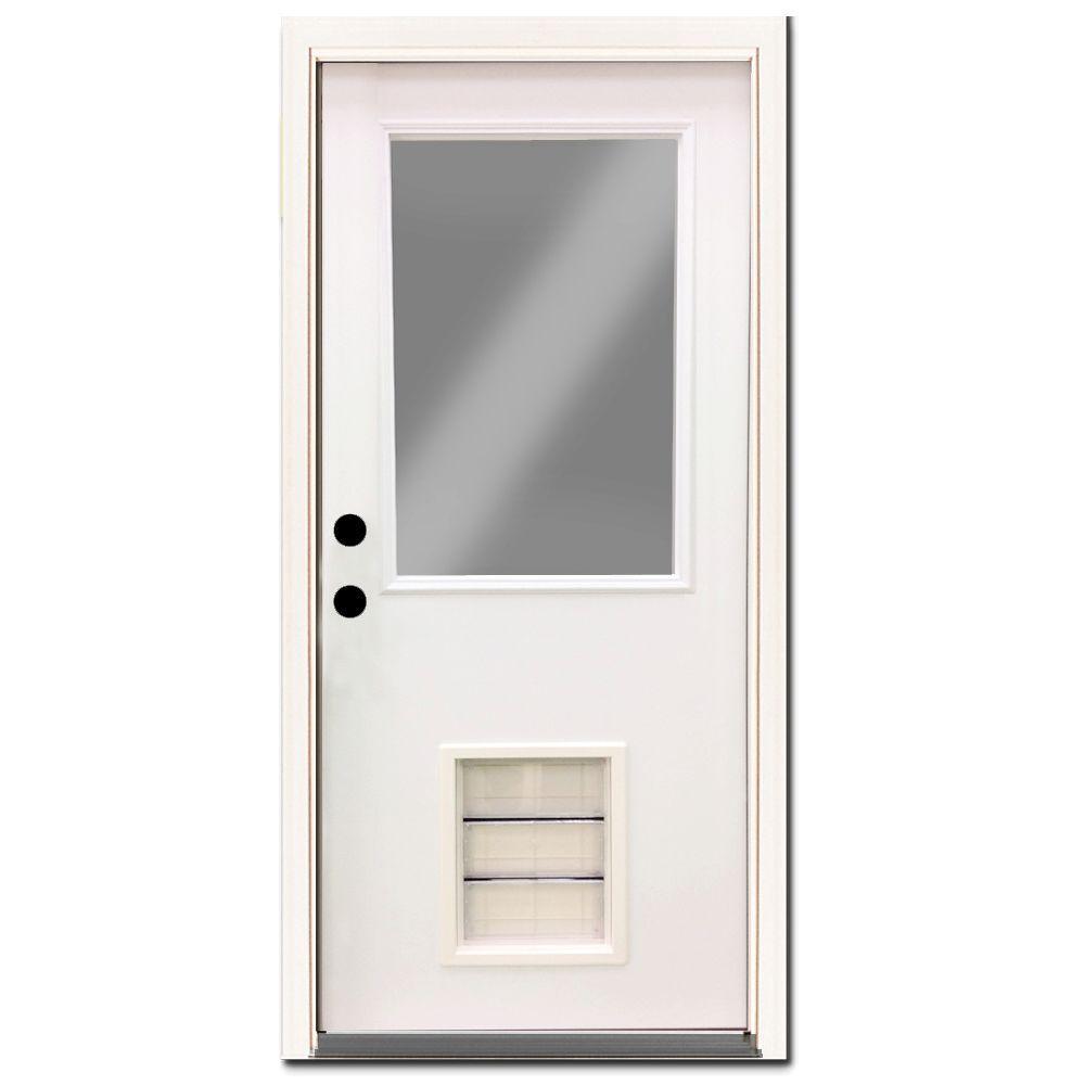 Premium Half Lite Primed White Steel Back Door 32 in. Left Hand Inswing with Extra Large Pet Door - Super Arbor