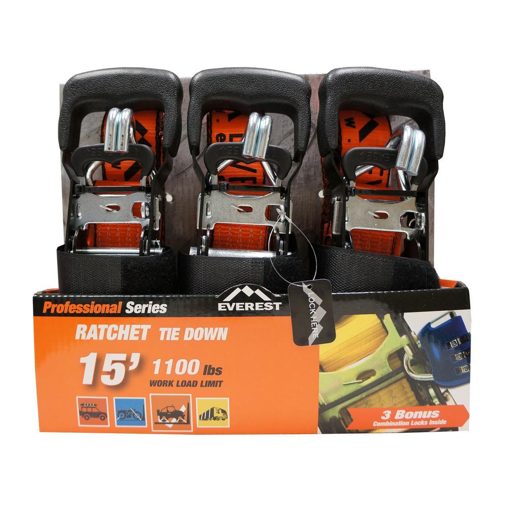 Anti-Theft 1.5 in. x 15 ft. Premium Tie-Down Straps (3-Pack) Locking Handle, Built-In Soft Tie Loop and Velcro Strap - Super Arbor