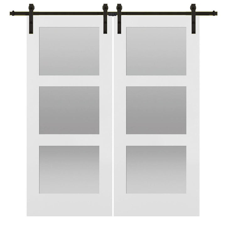 72 in. x 84 in. Shaker 3-Lite Frosted Glass Primed MDF Double Sliding Barn Door with Bent Strap Hardware Kits - Super Arbor