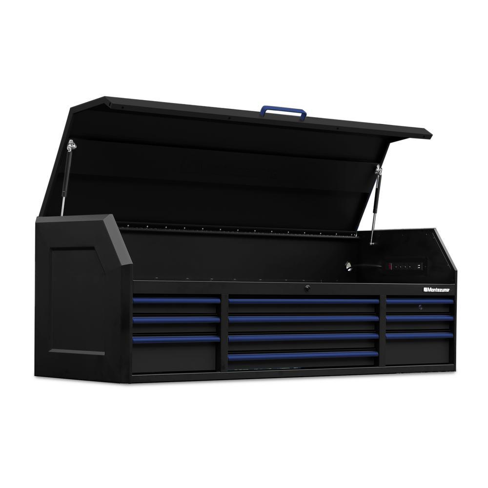 72 in. x 24 in. 10-Drawer Tool Top Chest with Power and USB Outlets in Black and Blue - Super Arbor