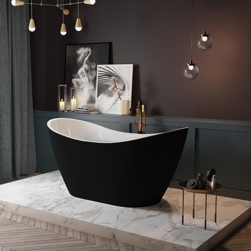 59 in. Acrylic Flat Bottom Stand Alon Flatbottom Freestanding Bathtub in Black - Super Arbor