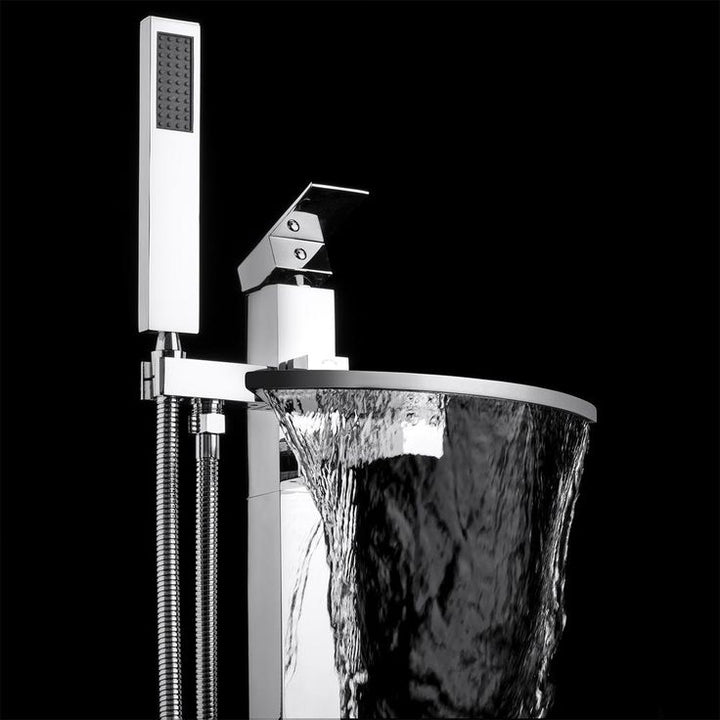 1-Handle Freestanding Floor Mount Roman Tub Faucet Bathtub Filler with Waterfall Style and Hand Shower in Chrome
