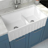Yorkshire Farmhouse Fireclay 33 in. 55/45 Double Bowl Kitchen Sink with Cutting-Board, Grid and Strainer in White - Super Arbor
