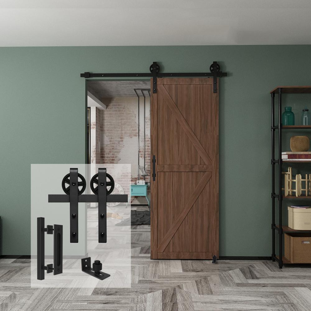 5 ft./60 in. Black Steel Bent Strap Sliding Barn Door Track and Hardware Kit with 12 in. Square Pull and Flush Handle - Super Arbor