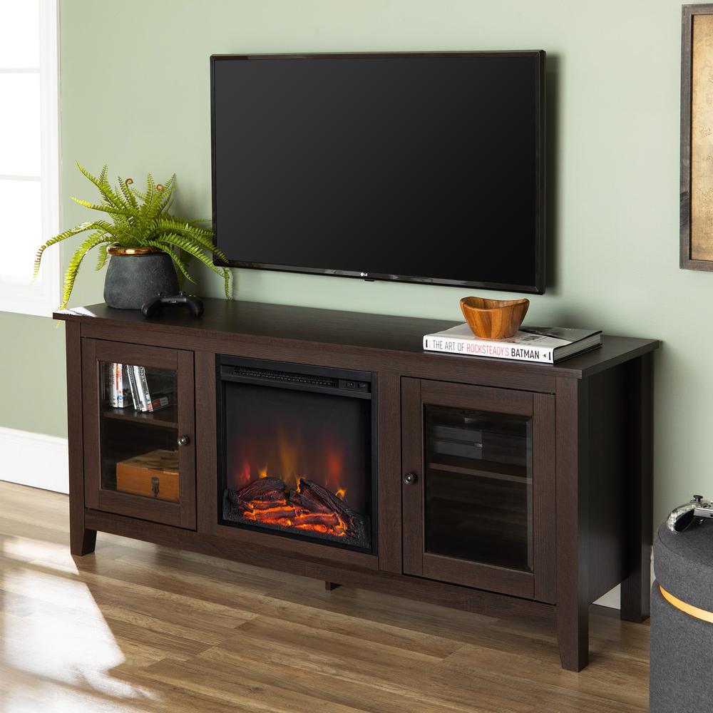 58 in. Wood Media TV Stand Console with Fireplace - Grey Wash - Super Arbor