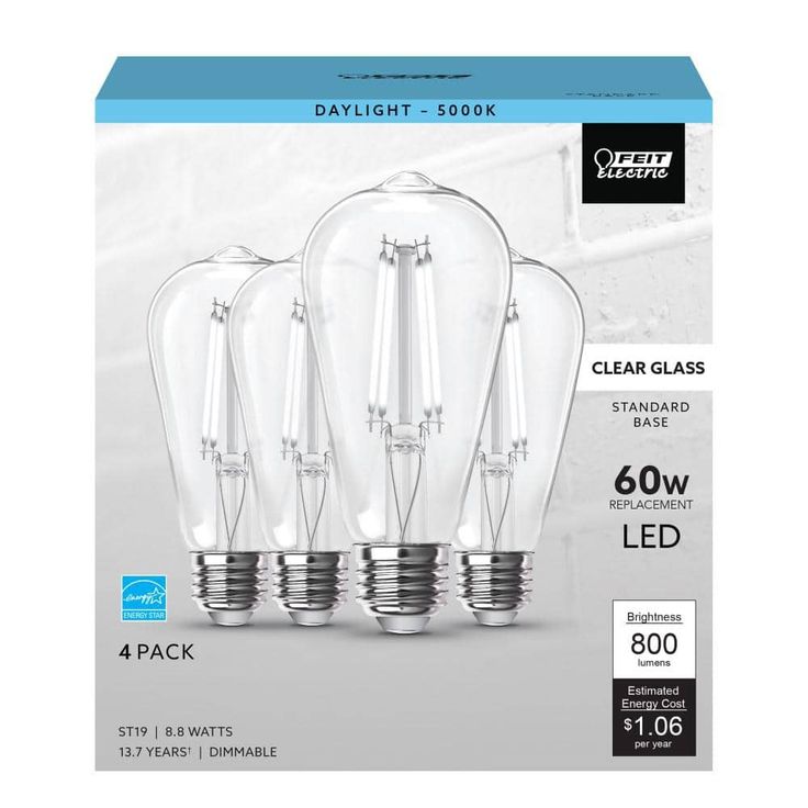Feit Electric 60-Watt Equivalent ST19 Dimmable LED Clear Glass Vintage Edison Light Bulb With Straight Filament Daylight (4-Pack)