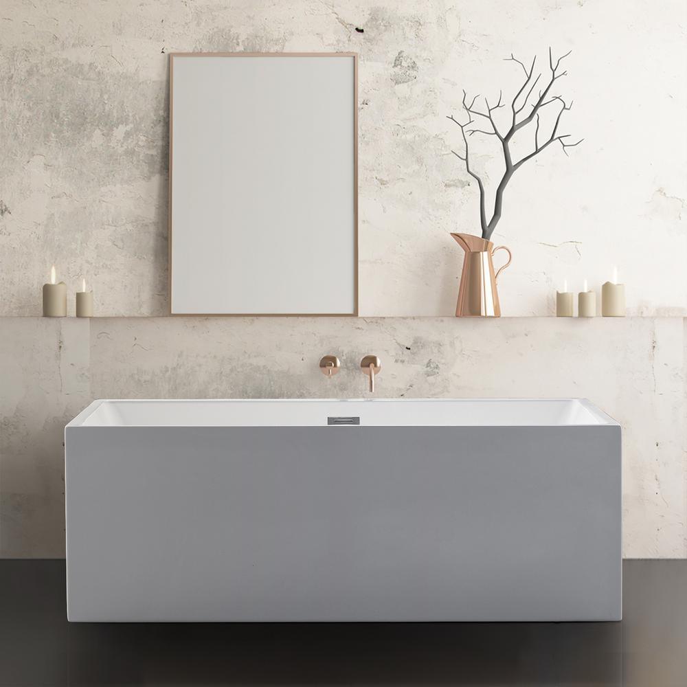 Rectangle 67 in. x 32 in. x 24 in. Contemporary Soaking Acrylic Flatbottom Freestanding Bathtub with Overflow, White - Super Arbor