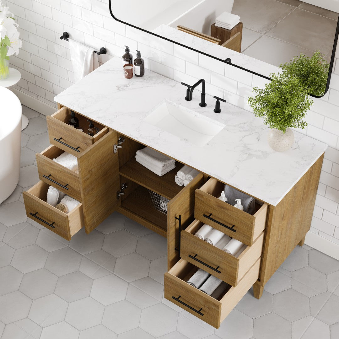 Eviva Graham 60"W x 22"D Oak Bathroom Vanity with White Arabescato Engineered Stone Countertop and Undermount Ceramic Sink