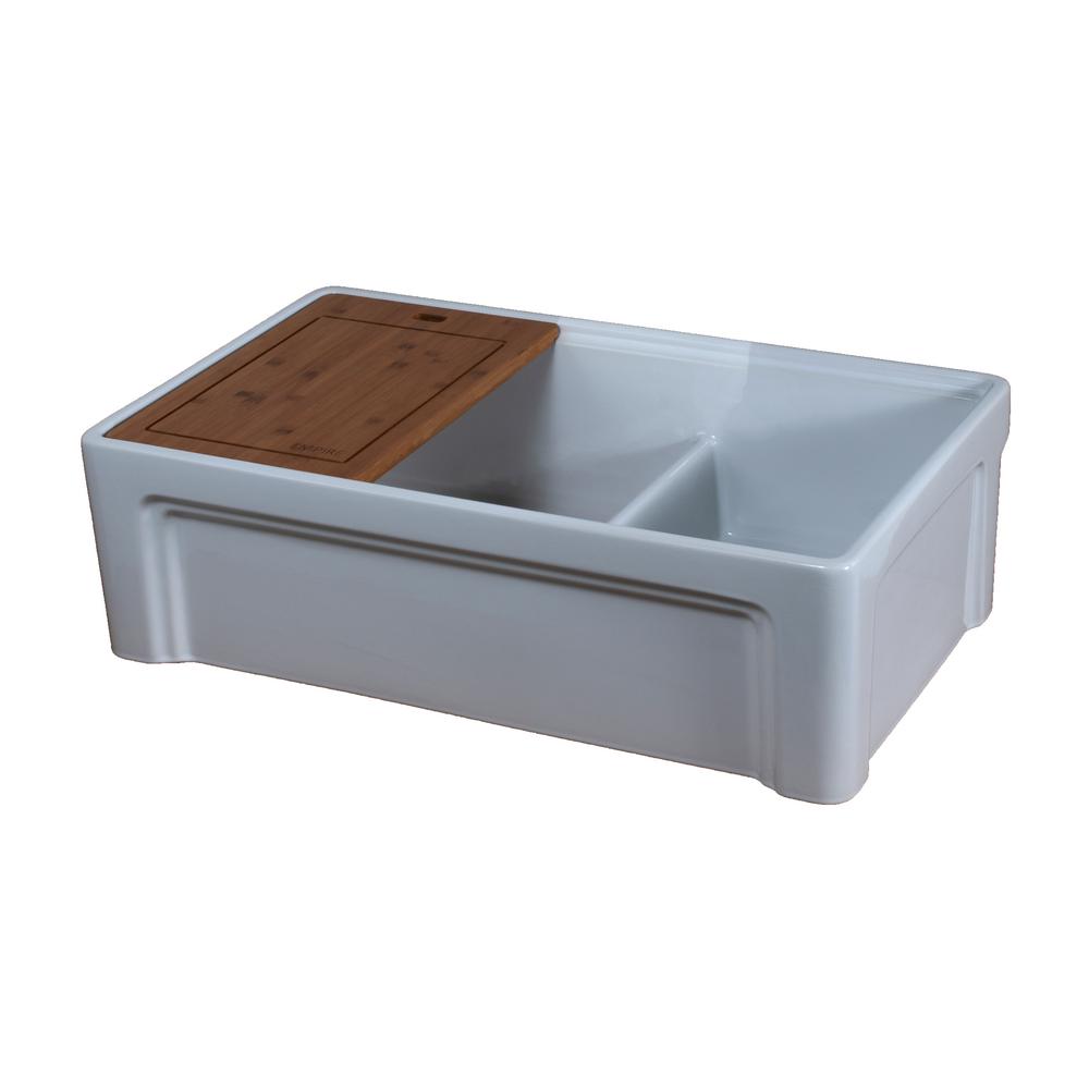 Tosca Farmhouse Fireclay 33 in. 60/40 Double Bowl Kitchen Sink in White with Cutting-Board, Bottom Grid and Strainer - Super Arbor