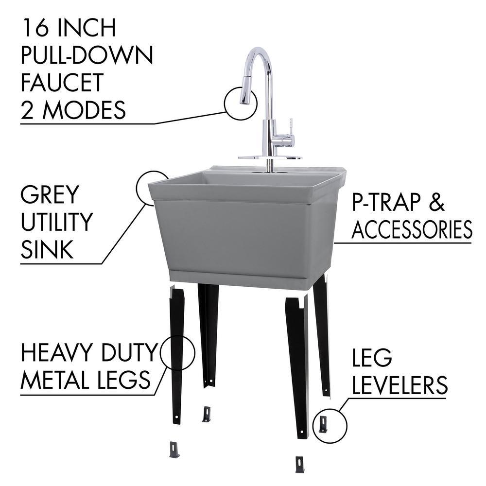 Complete 22.875 in. x 23.5 in. Grey 19 Gal. Utility Sink Set with Metal Hybrid Chrome High Arc Pull-Down Faucet - Super Arbor